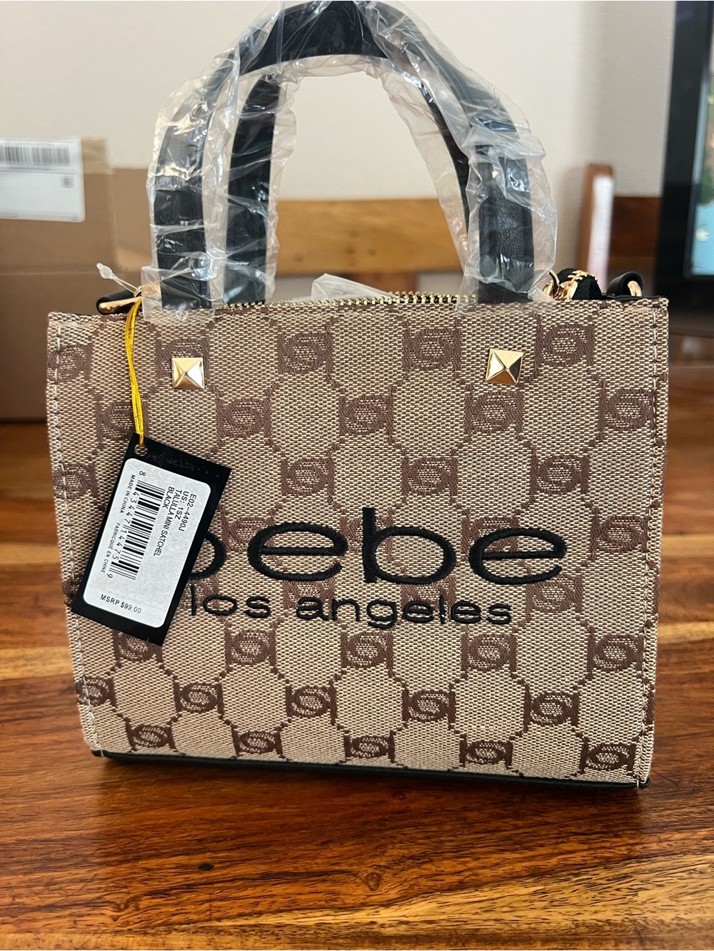 bebe Beige and Brown Mini Satchel with Gold Accents